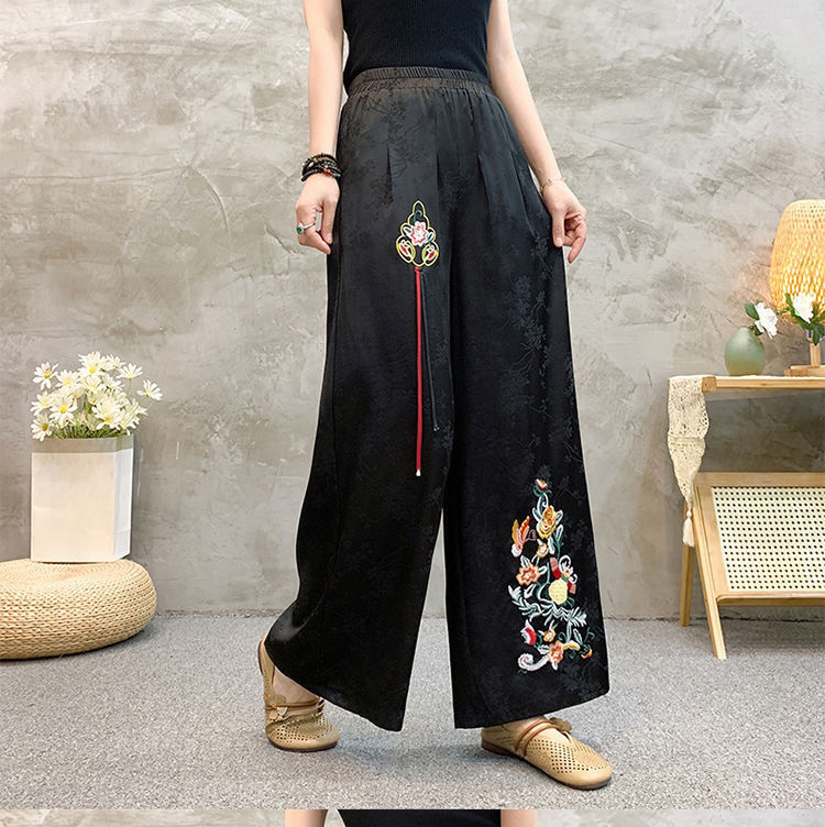 国潮绸面提花新中式民族风阔腿裤国风文艺刺绣花高腰休闲宽松长裤显瘦详情10
