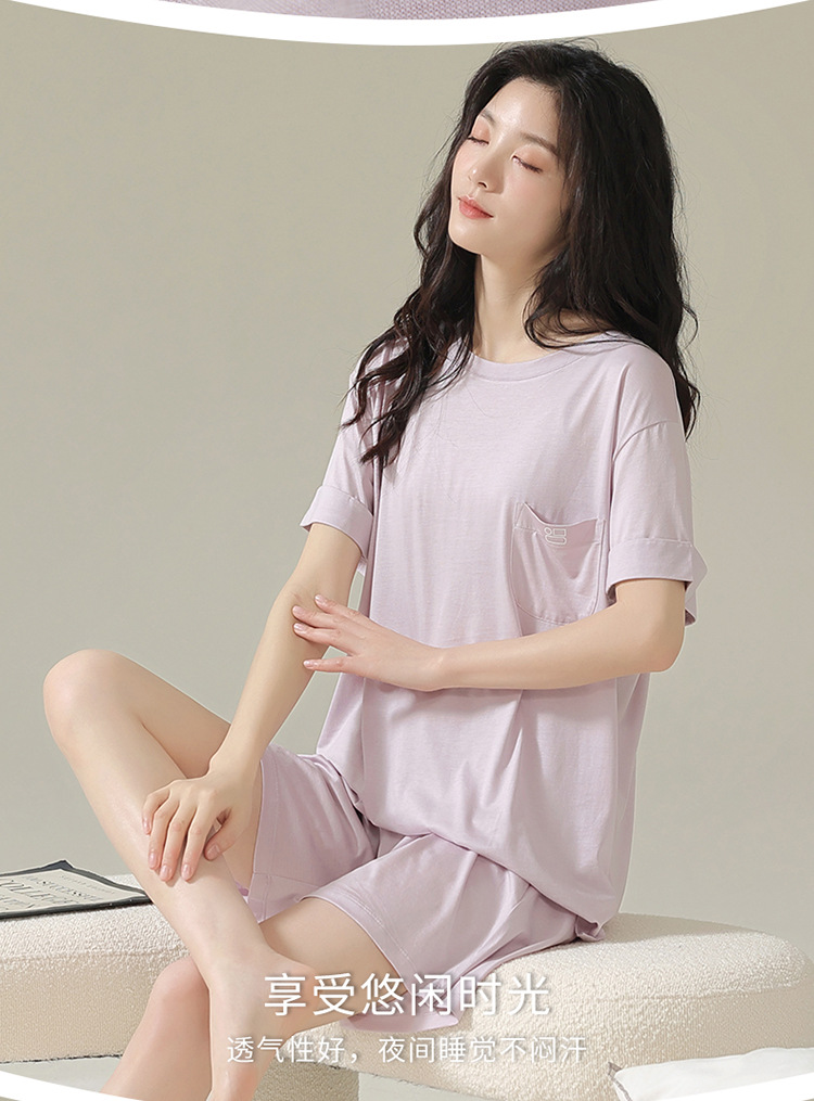 莫代尔睡衣女士夏季短袖短裤薄款夏天宽松可外穿家居服套装批发详情5