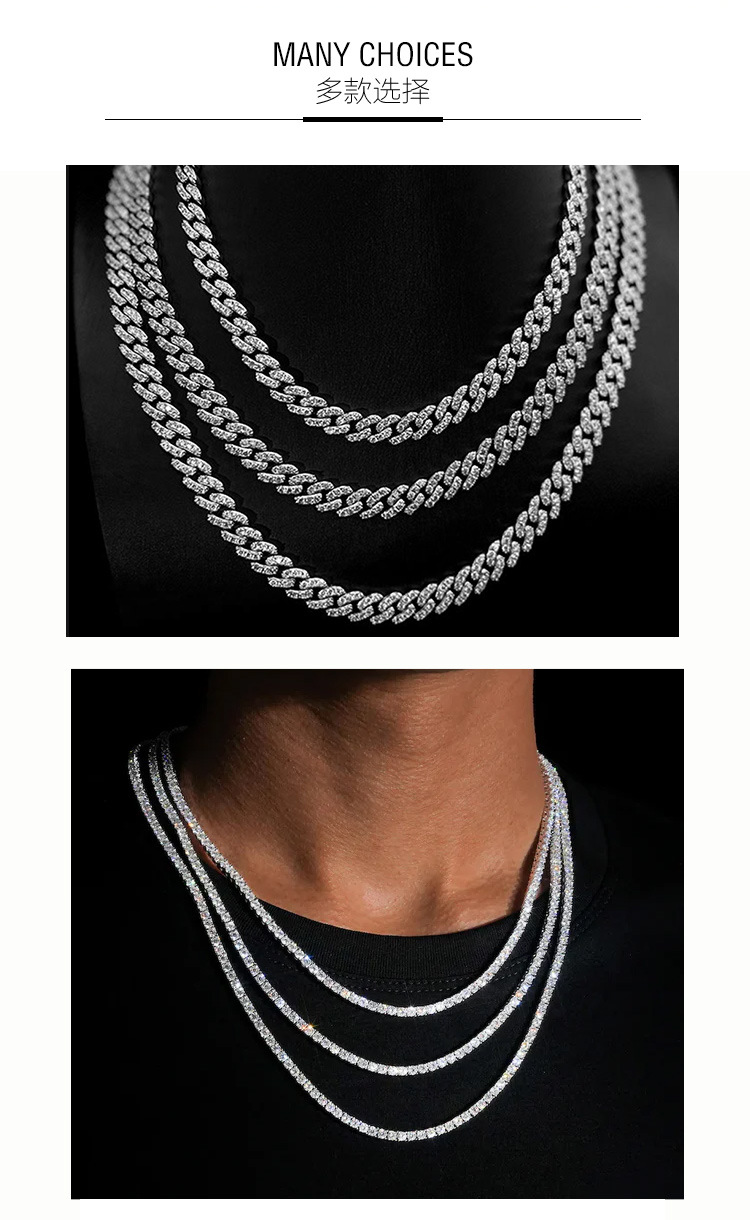 外贸热销s925银钻石网球链 欧美嘻哈饰品镶钻弹簧扣颈链个性男士详情6