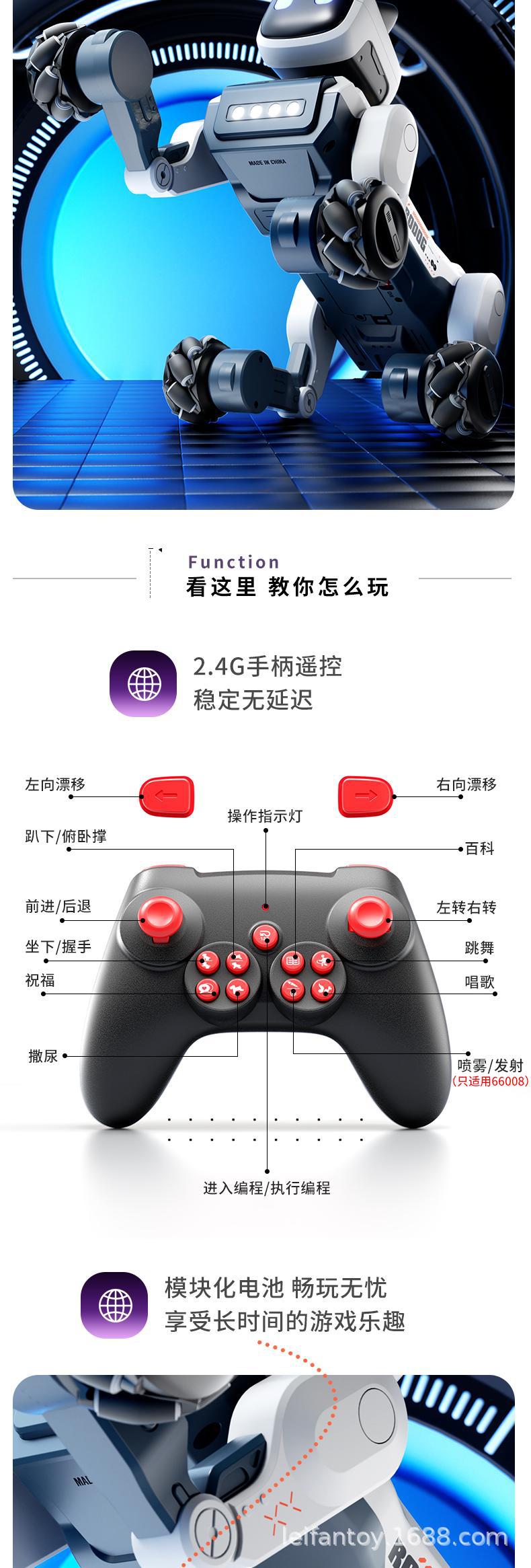跨境新品AI遥控智能横向对话特技编程唱歌跳舞喷雾放屁感应机器狗详情8