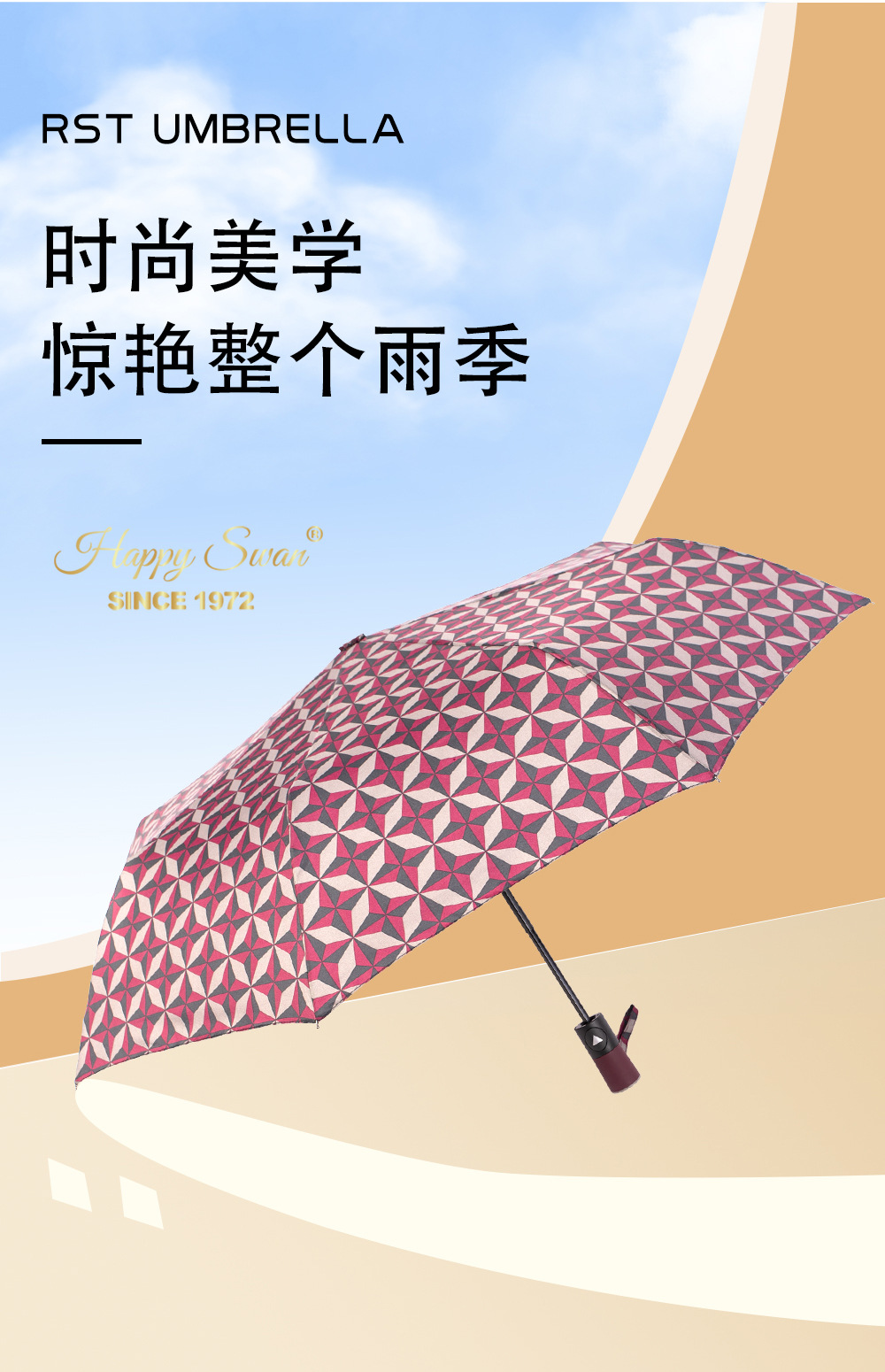 菱格高颜值三折半自动伞8骨雨伞欧美外贸现货日用挡风遮阳防雨创意伞具详情2