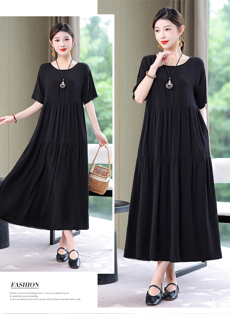 妈妈棉绸连衣裙夏季中老年女装短袖高端气质外贸人造棉裙子有口袋详情35