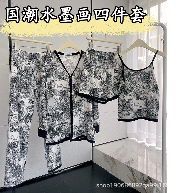 国潮春夏新款国潮水墨画居家服长款印花冰丝睡衣高级性感时尚四件套装详情3