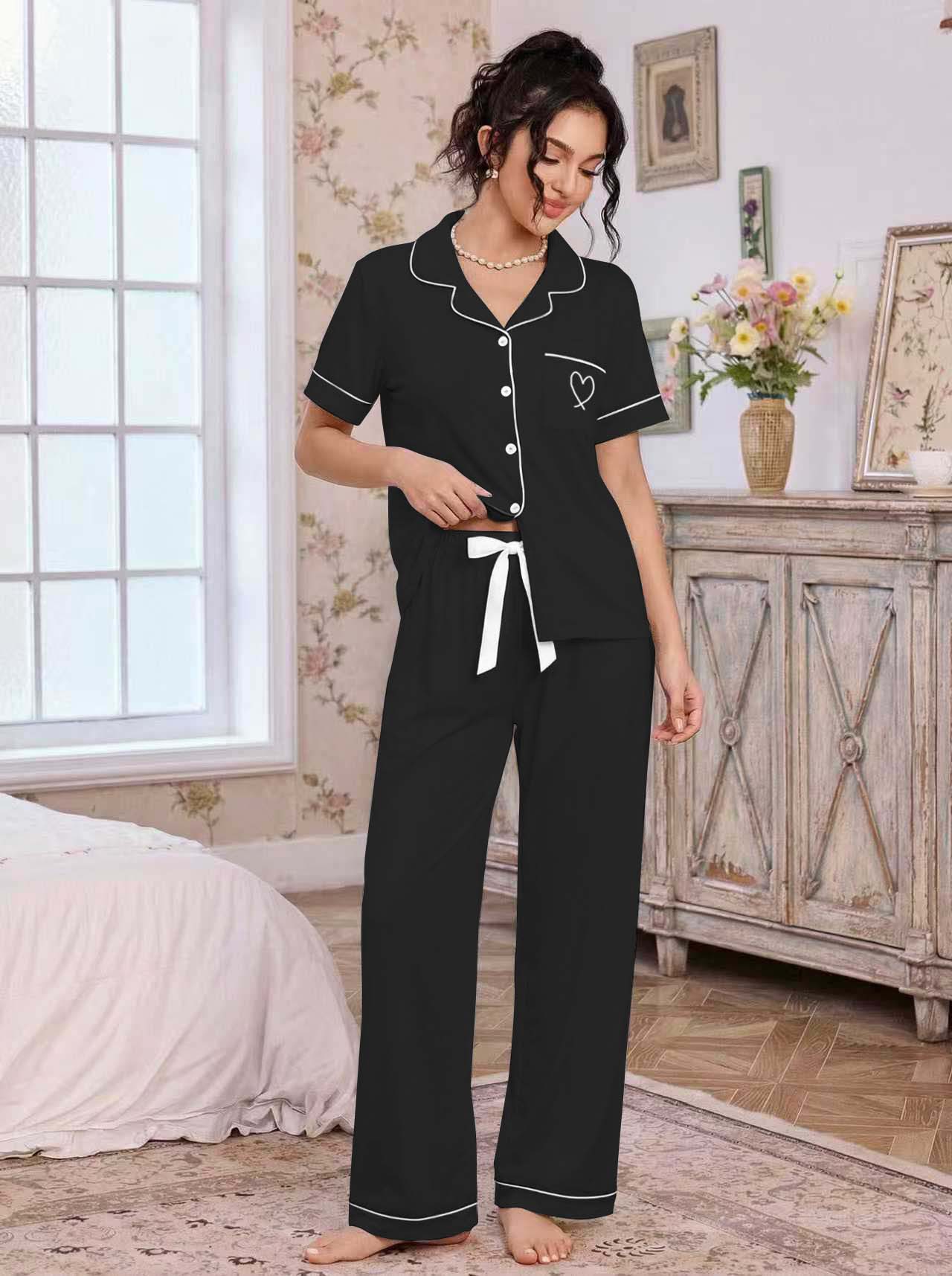 亚马逊欧美家居服套装翻领开衫短袖长裤爱心绣花睡衣女外贸独立站详情16