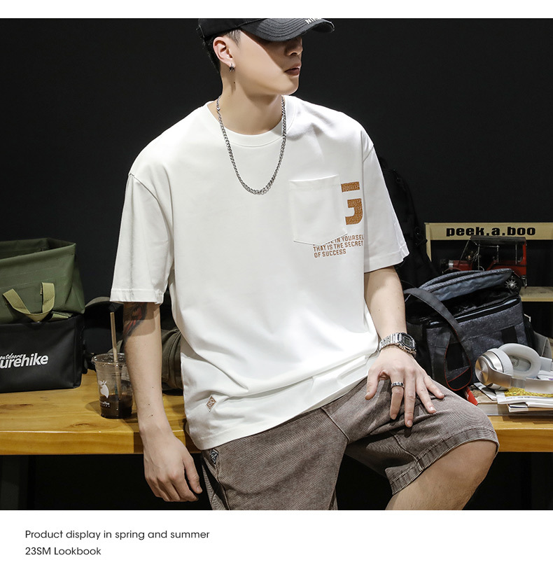 Verano nuevo pound manga corta camiseta hombre holgado tallas grandes marca de moda versátil cuello redondo medio puño bolsa decorativa cuerpo pic 11