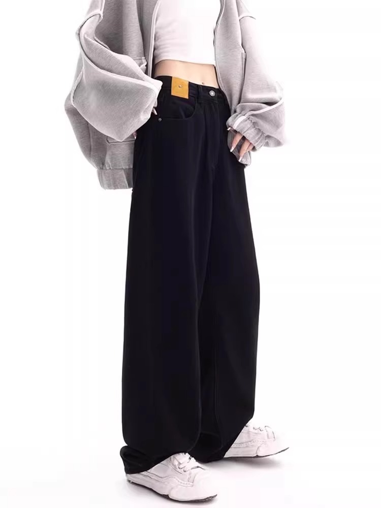 2024年黑色高腰直筒牛仔裤女新款春秋梨形身材胖高腰宽松阔腿裤子详情7