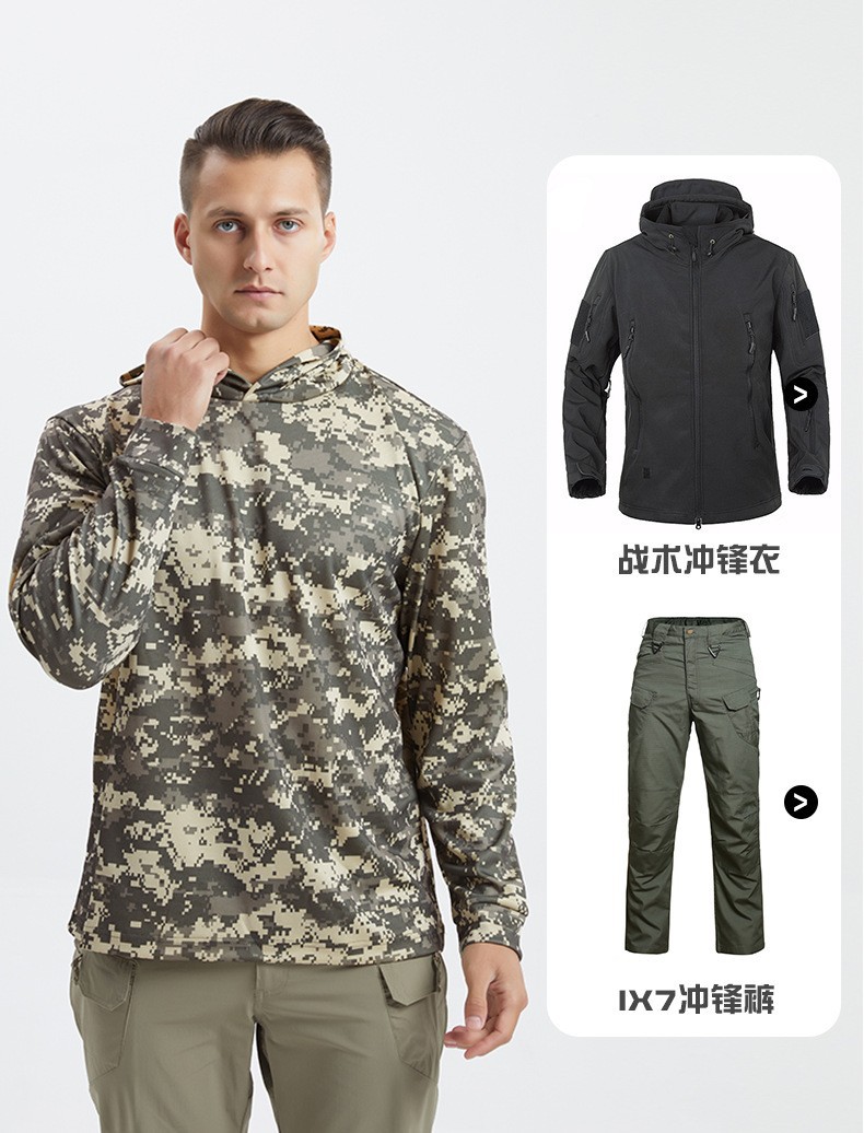 Yitu Custom long-sleeved T-shirt quick-drying hooded sun protection Outdoor sports fitness breathable tactical camouflage T-shirt for camping and fishing men pic 9