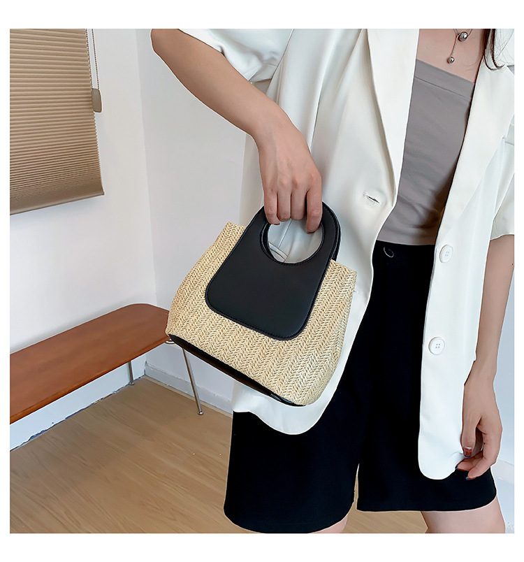 2023夏季复古撞色拼接草编包大容量手工编织包简约时尚单肩手提包详情8