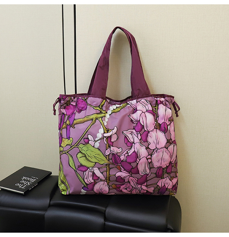 大容量花朵印花单肩包防水购物袋尼龙外出托特包时尚复古手提包详情38