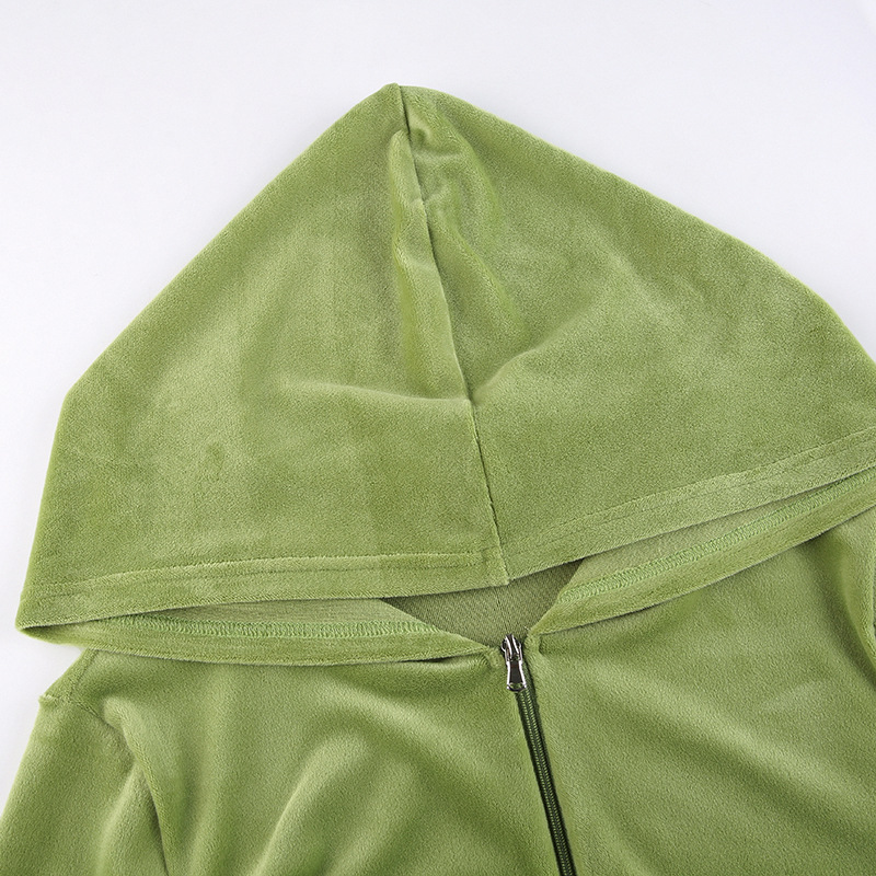 Solid color velvet slim sports suit zipper hood pic 48