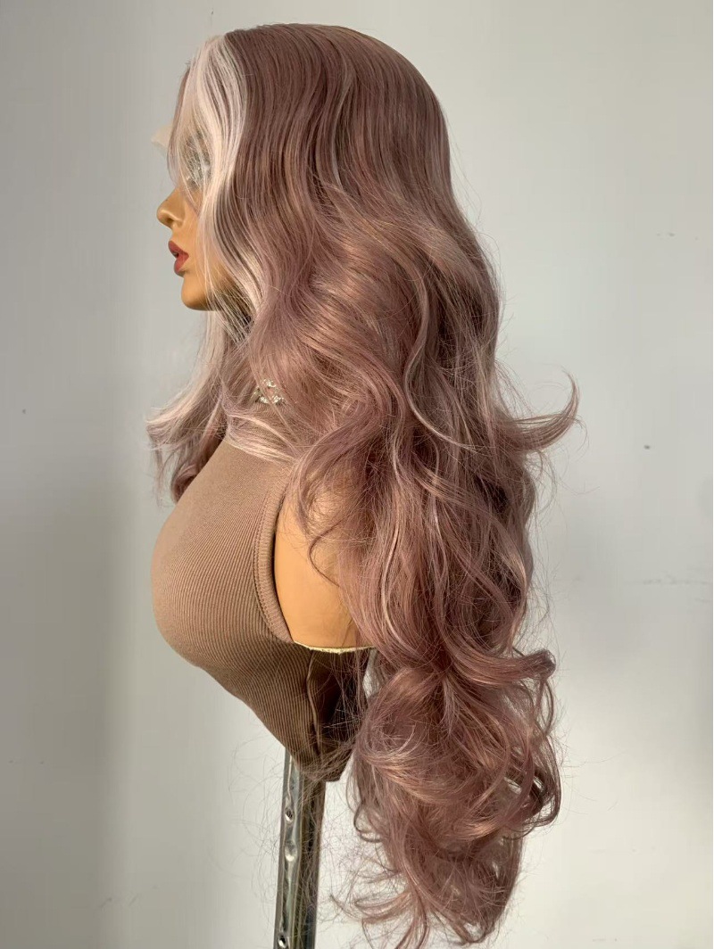 This is a popular full-length wig in Europe and America. It features a pink, fluffy, big wavy simulation, long curly hair, and is made of synthetic fiber, with a lace forehead and medium-length hair pic 6