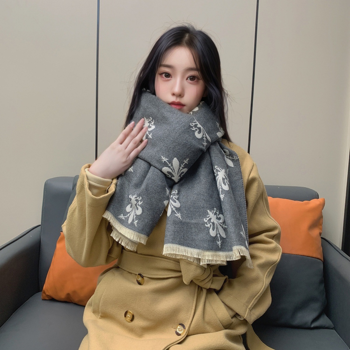 围巾女冬季欧美风格佛罗伦萨鸢尾花披肩加厚百搭双面保暖围脖保暖详情37