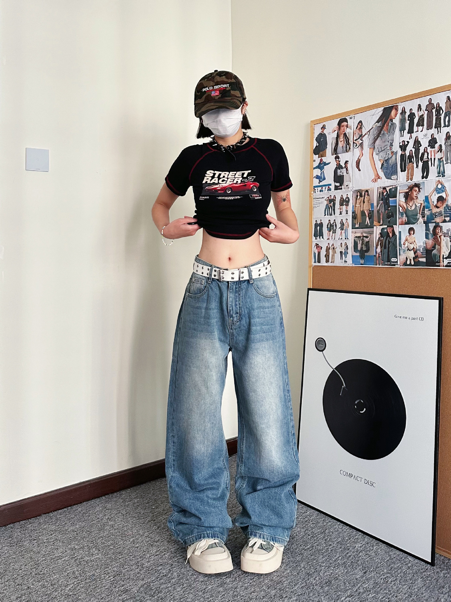 carmour|韩版复古中腰牛仔裤男女浅蓝色水洗设计感宽松直筒阔腿裤详情1