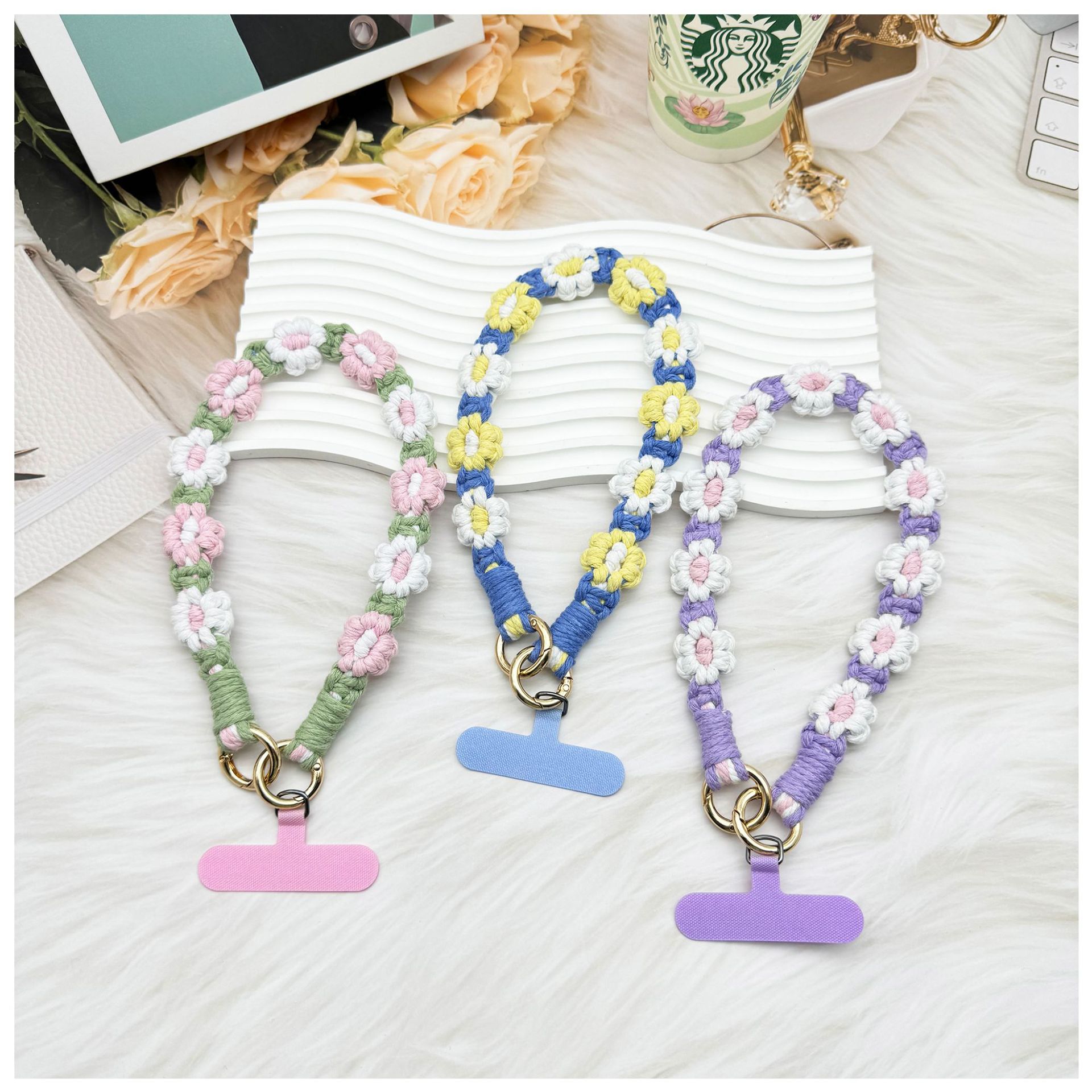 ins欧式手机挂件编织手机链小雏菊花朵编绳钥匙扣包包创意礼物女详情1