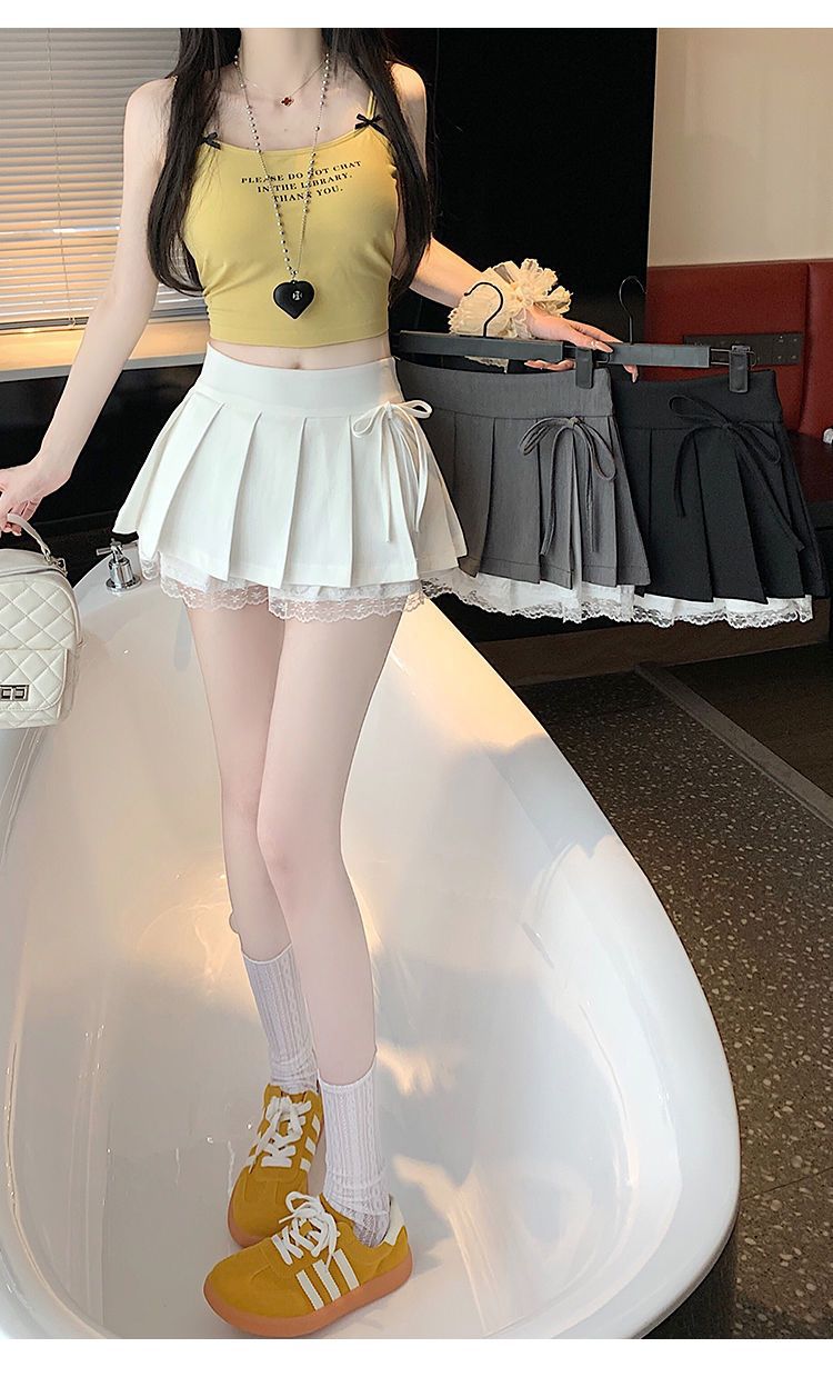 甜美纯欲风百褶半身裙女春夏新款蕾丝拼接蝴蝶结高腰防走光超短裙详情25
