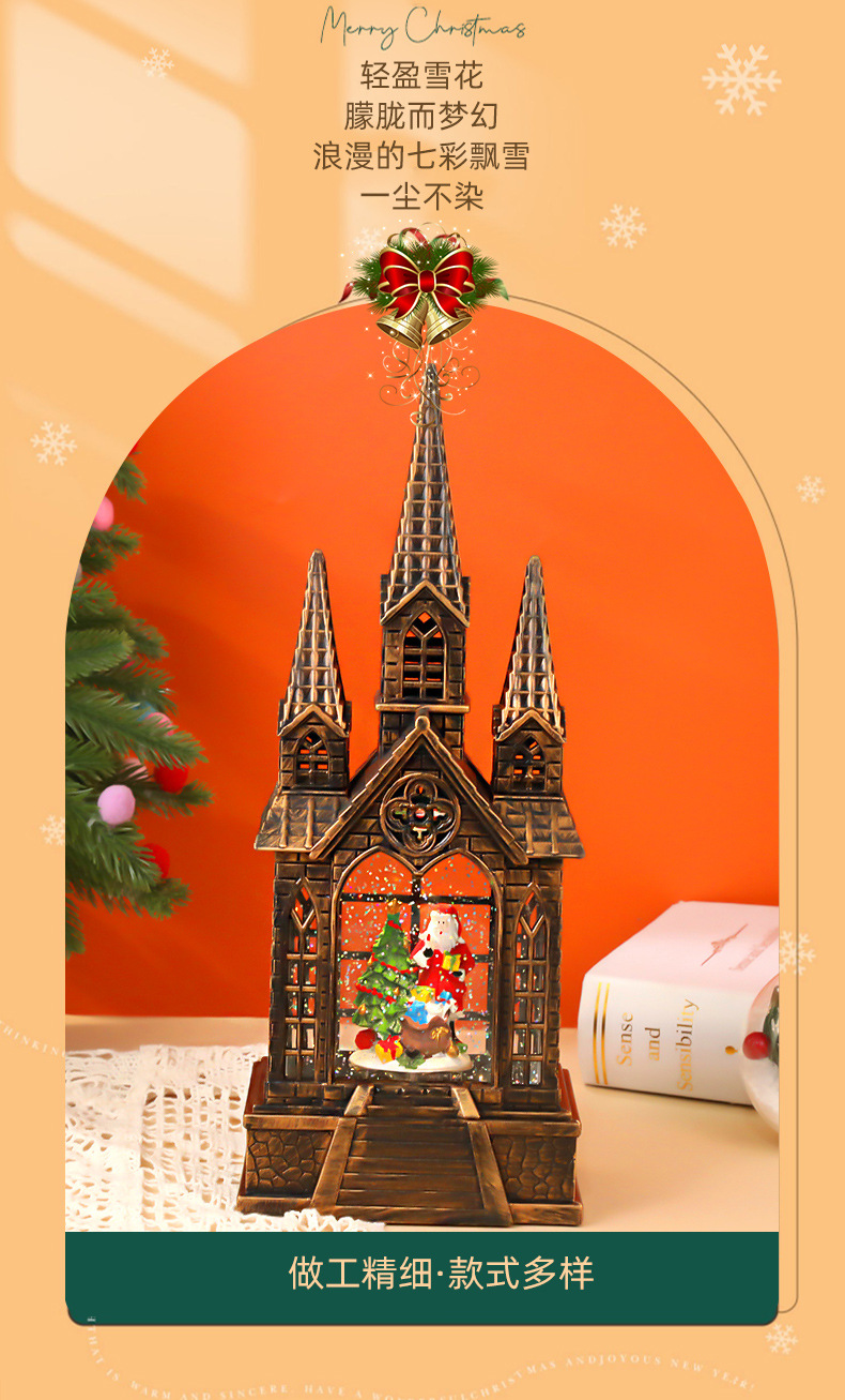 新款仿古亚克力三顶教堂音乐盒欧美跨境圣诞节氛围布置摆件装饰品详情4