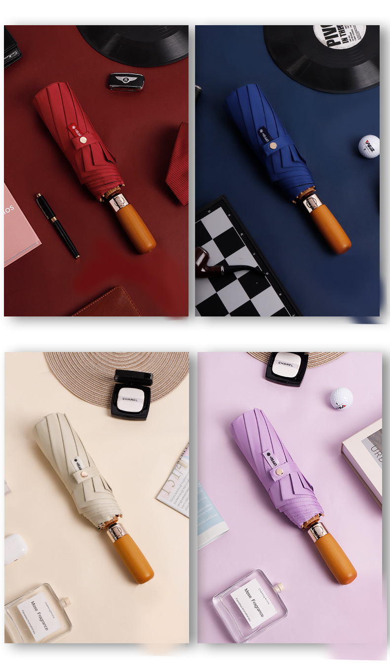 New solid wood fully automatic umbrella, a 23-inch self-opening and closing umbrella for both rain and sun protection, 12-bone business black rubber sun umbrella pic 12