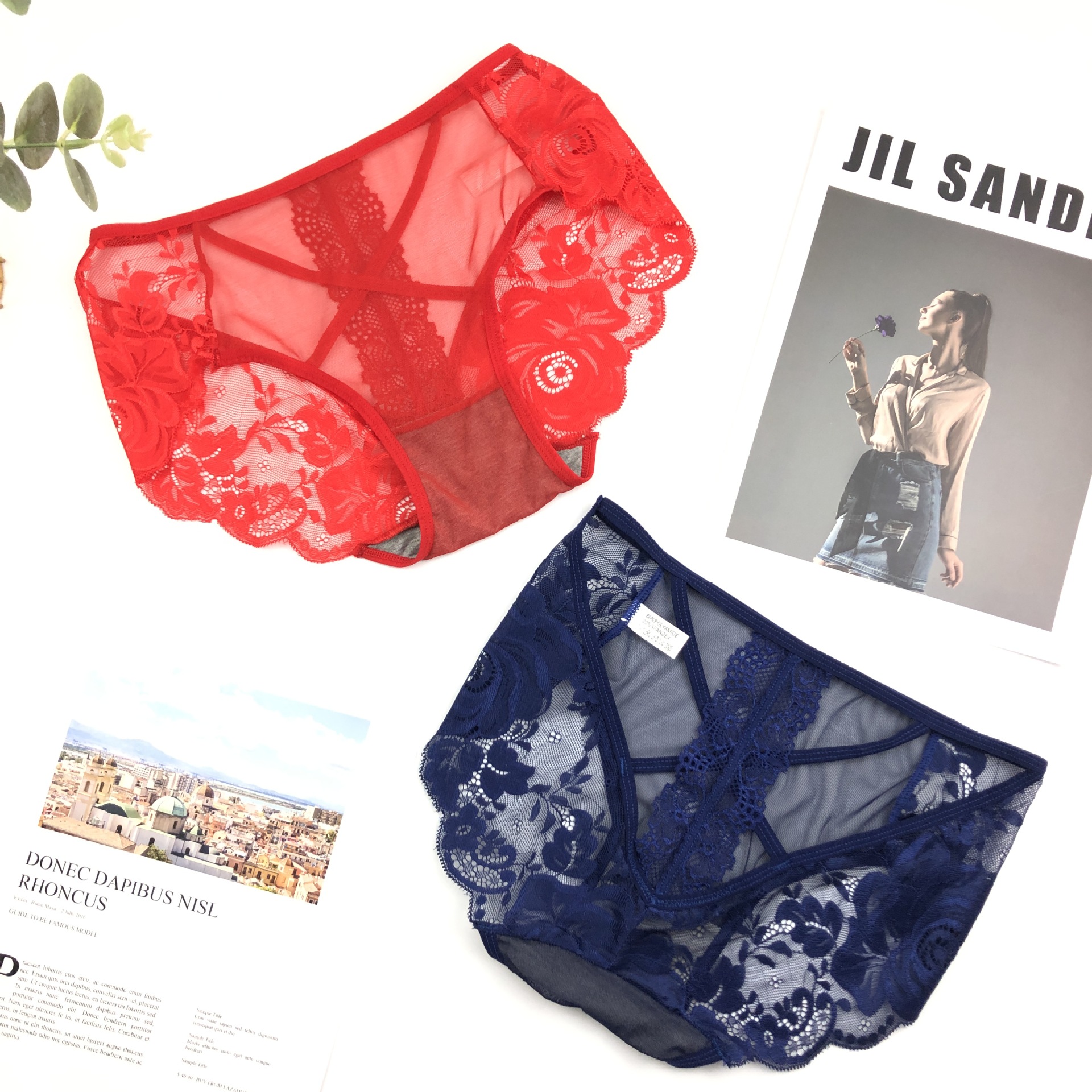 Best-selling women's lace underpants, breathable and sexy, with fine straps, cross-cut, high-elasticity, mid-waist, and graphene antibacterial crotch 7372 pic 32