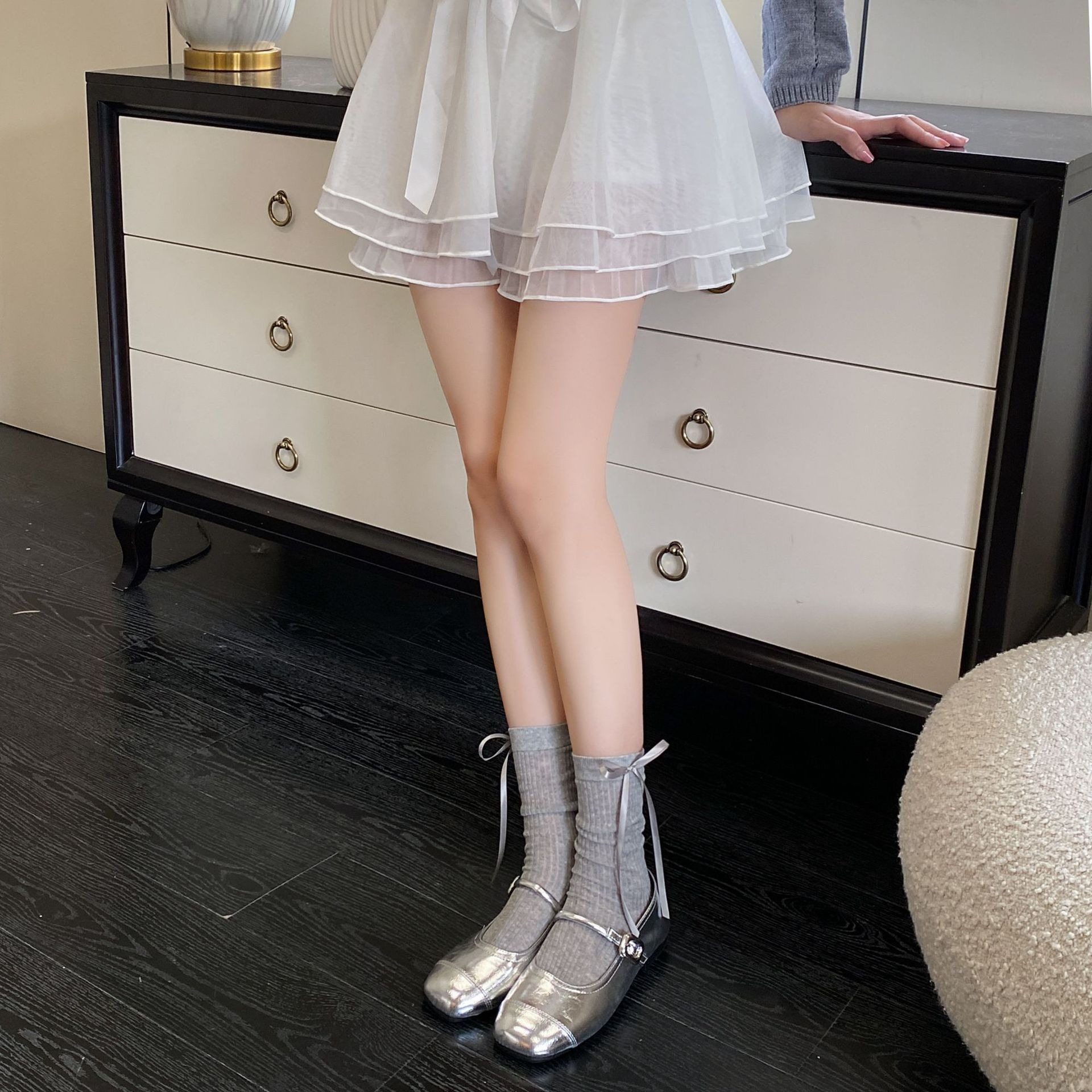 丝带蝴蝶结袜子女芭蕾风甜美少女中筒袜夏季薄款竖条jk堆堆袜飘带详情10
