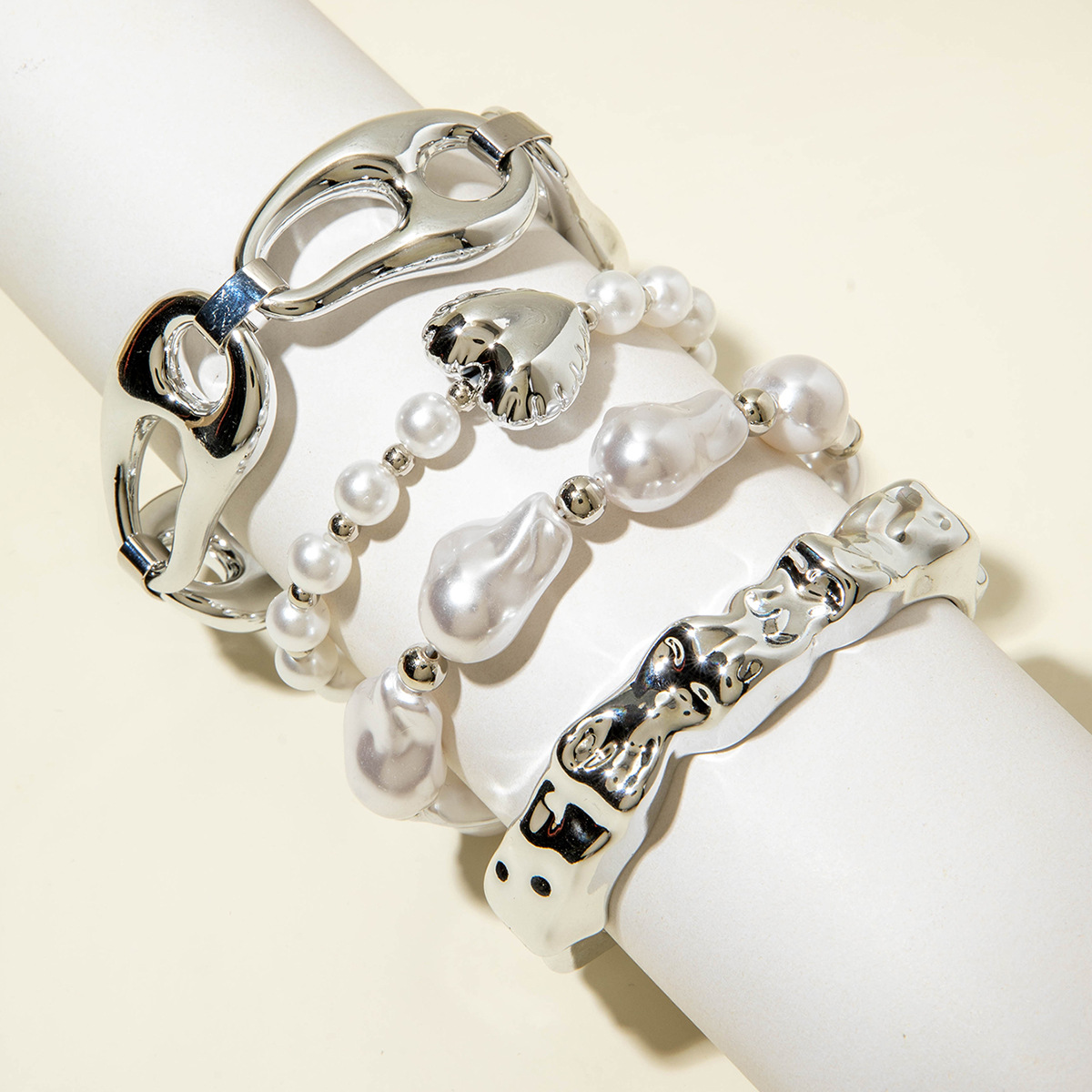 欧美跨境新款多层线条缠绕几何开口手镯套装朋克风波浪形串珠手链详情95