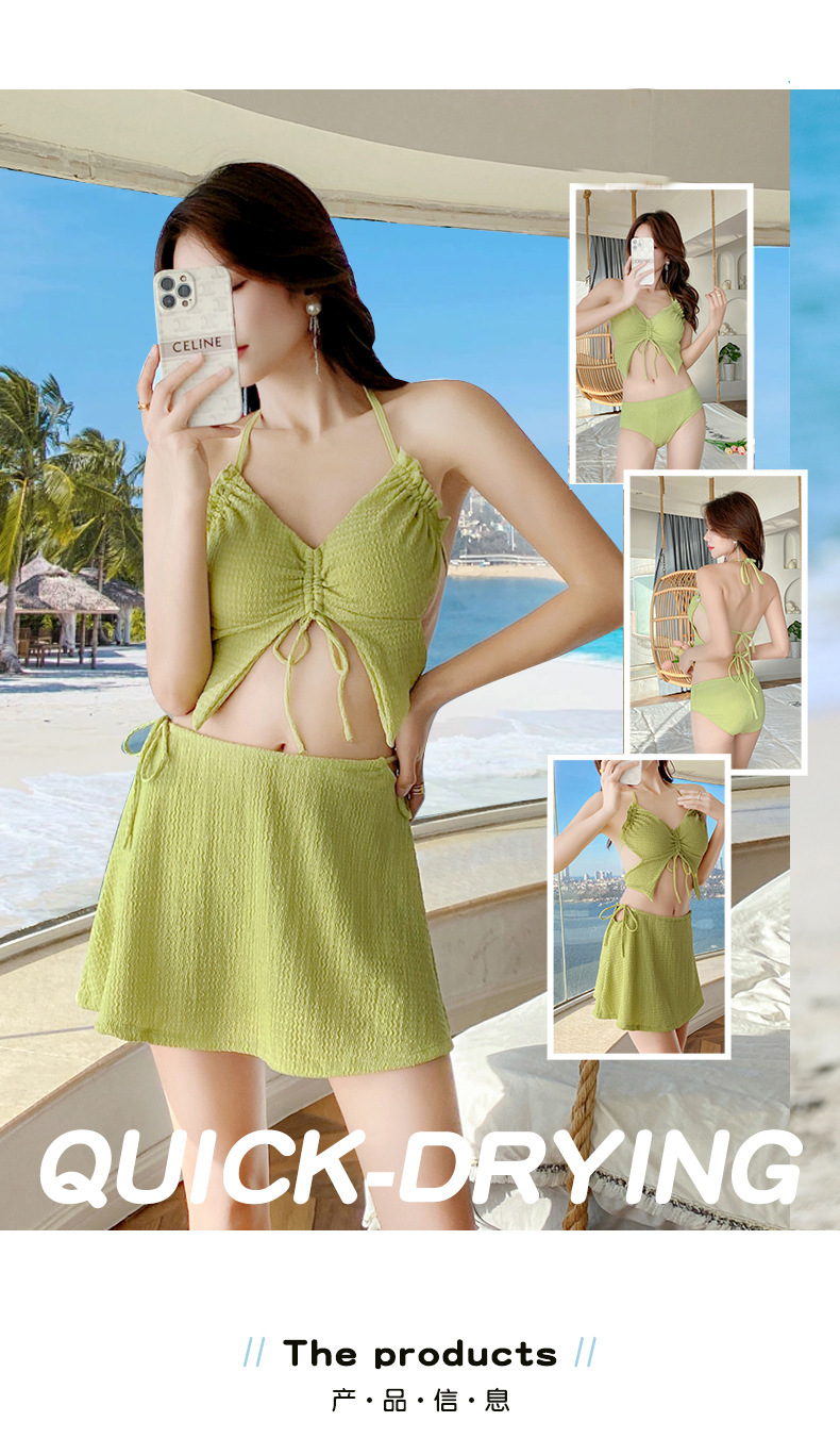 纯欲风分体裙式泳衣女绑带吊带小胸聚拢纯色度假泳池比基尼套装-107041 pic 18