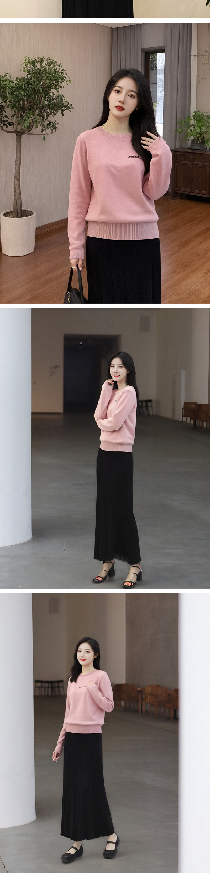 A high-quality ultra-fine mercerized wool base layer, paired with an autumn and winter round-neck knitted top and a thin pink sweater for women pic 3