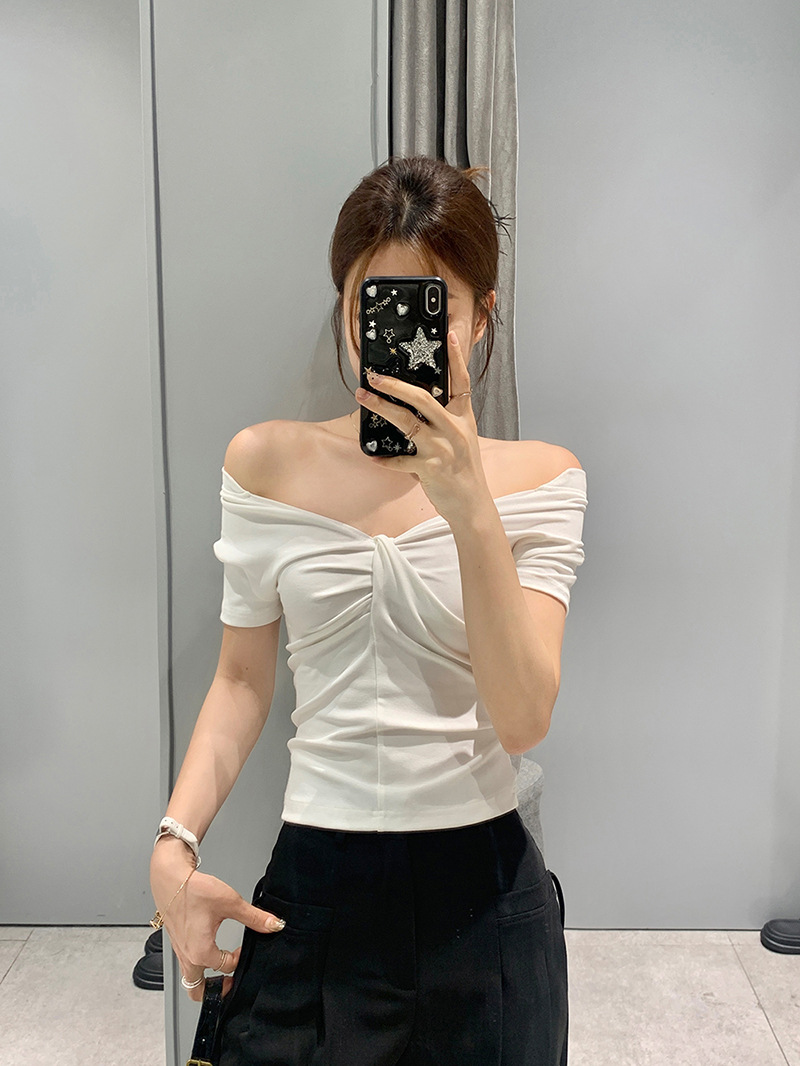 雅姿欣设计感白色短袖T恤两穿修身辣妹百搭显瘦内搭上衣女一字肩详情27
