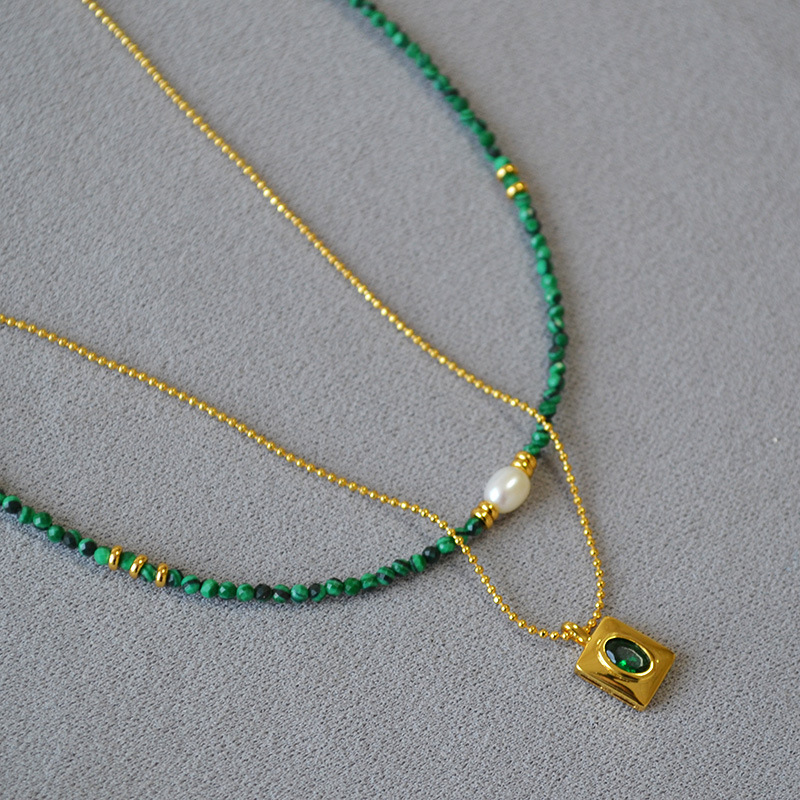 法式小众文艺复古孔雀石串珠祖母绿几何方形吊坠双层叠戴气质项链详情2