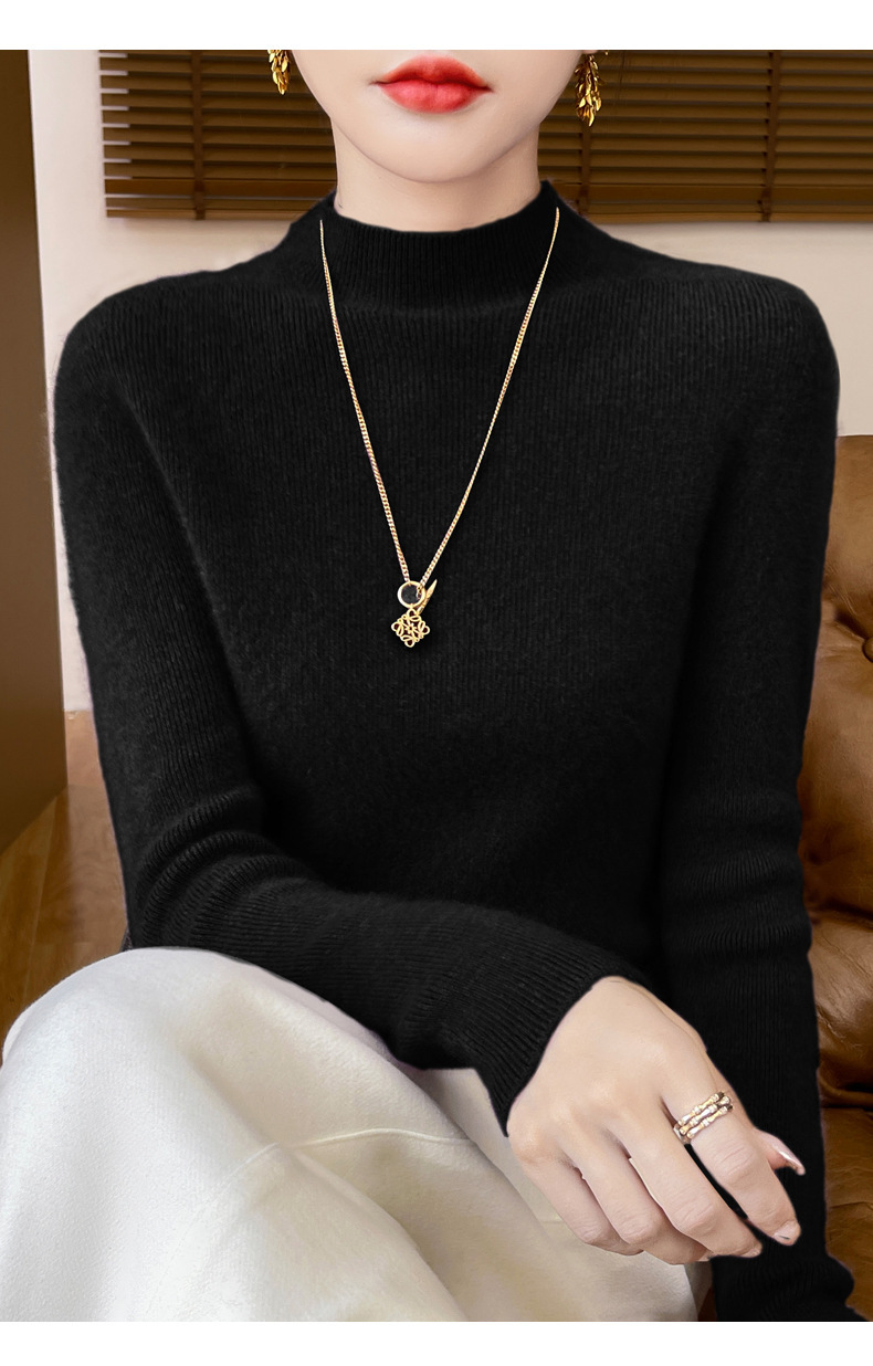 高端纯羊毛毛衣女士半高领秋冬季内搭打底衫针织衫上衣修身显身材详情37