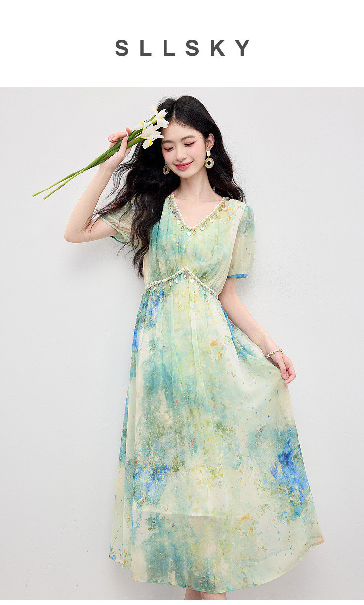 贝壳亮片织带收腰油画晕染裙子女夏小众设计显瘦飘逸波嬉风长裙详情2