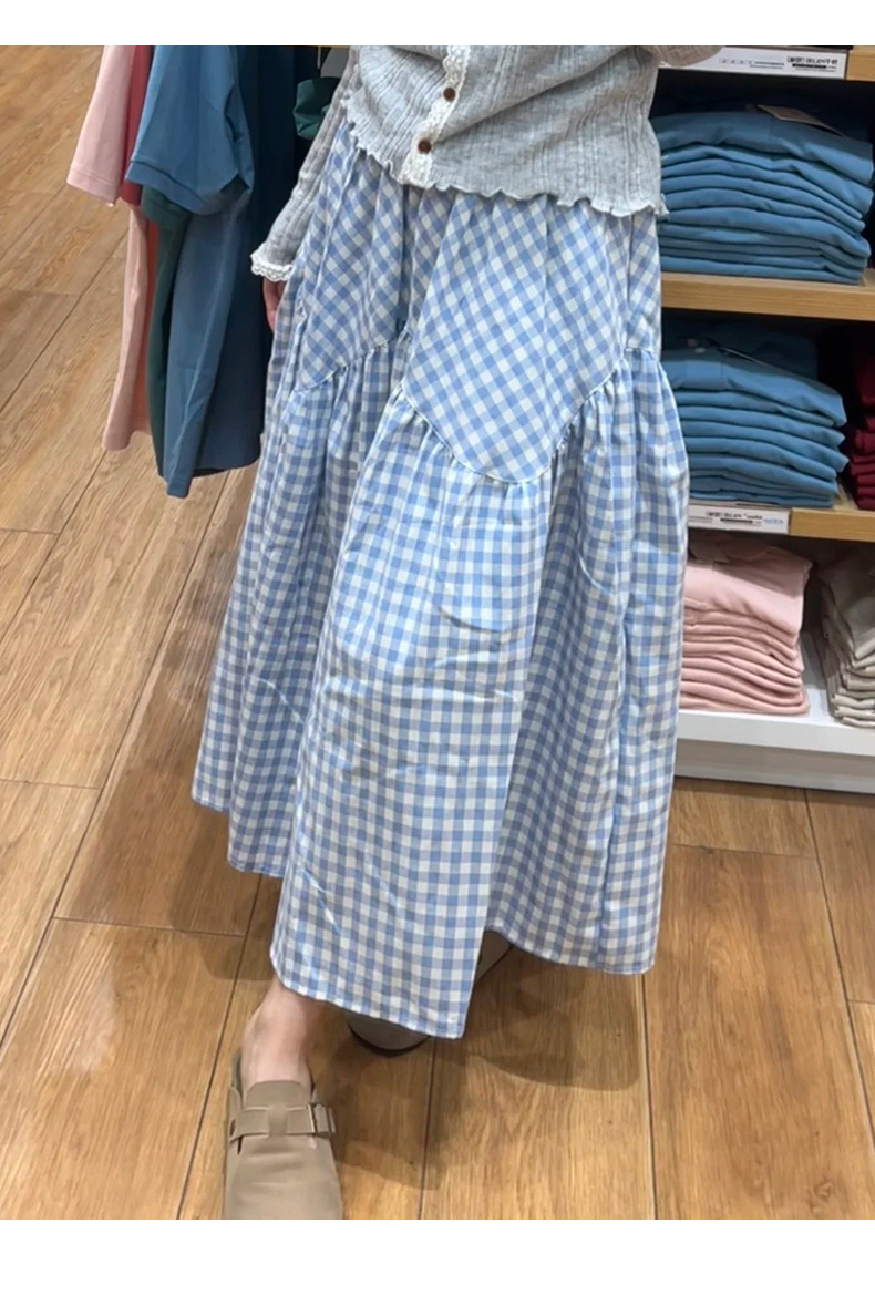 Retro blue checkered skirt for women in summer 2025. Petite, high-waisted, irregular mid-length, patchwork A-line skirt pic 7
