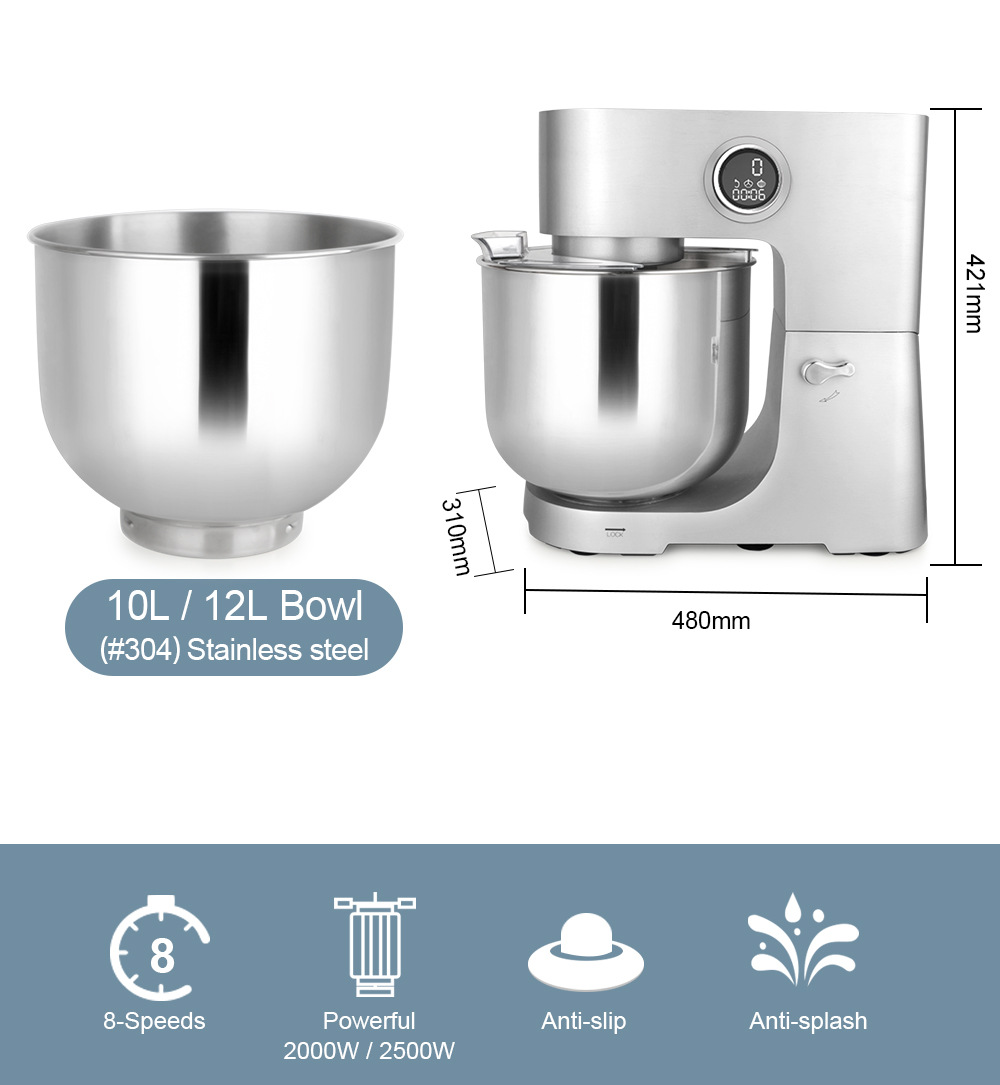 Cross-border exclusive 12-liter large-capacity metal casting household mixer and dough mixer StandMixer 2000W pic 3