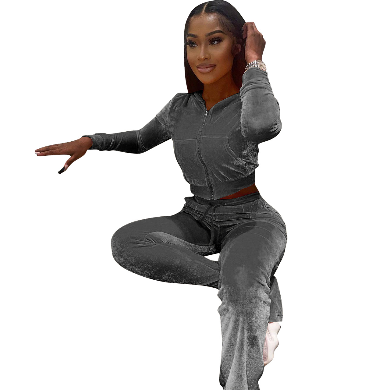 Solid color gold velvet wide-leg pants two-piece set pic 191