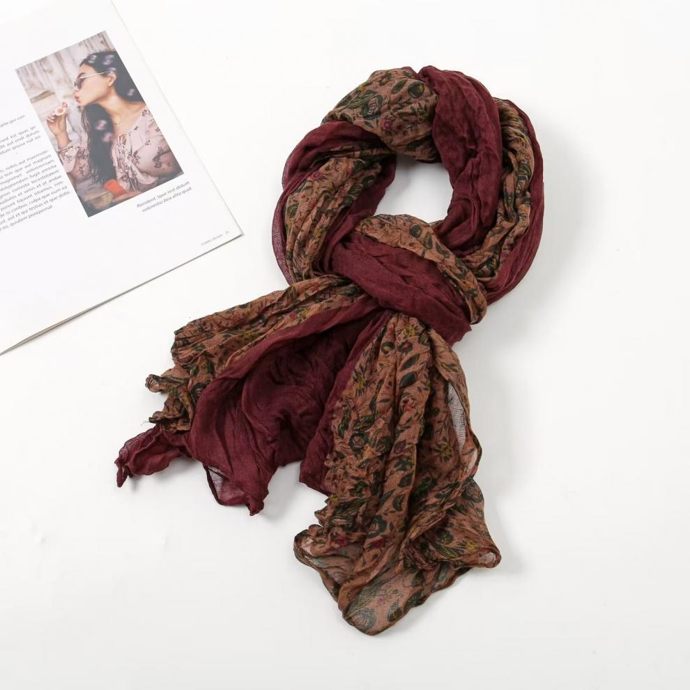 春秋麻花围巾褶皱简约百搭丝巾韩版外贸碎花披肩巴厘纱围巾女围脖详情5