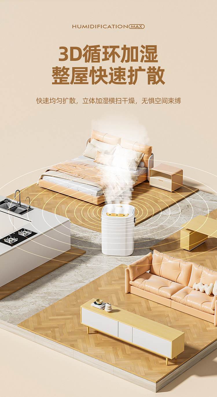 厂家跨境24年新款三孔加湿器家用大容量带夜灯空气加湿器 批发详情4