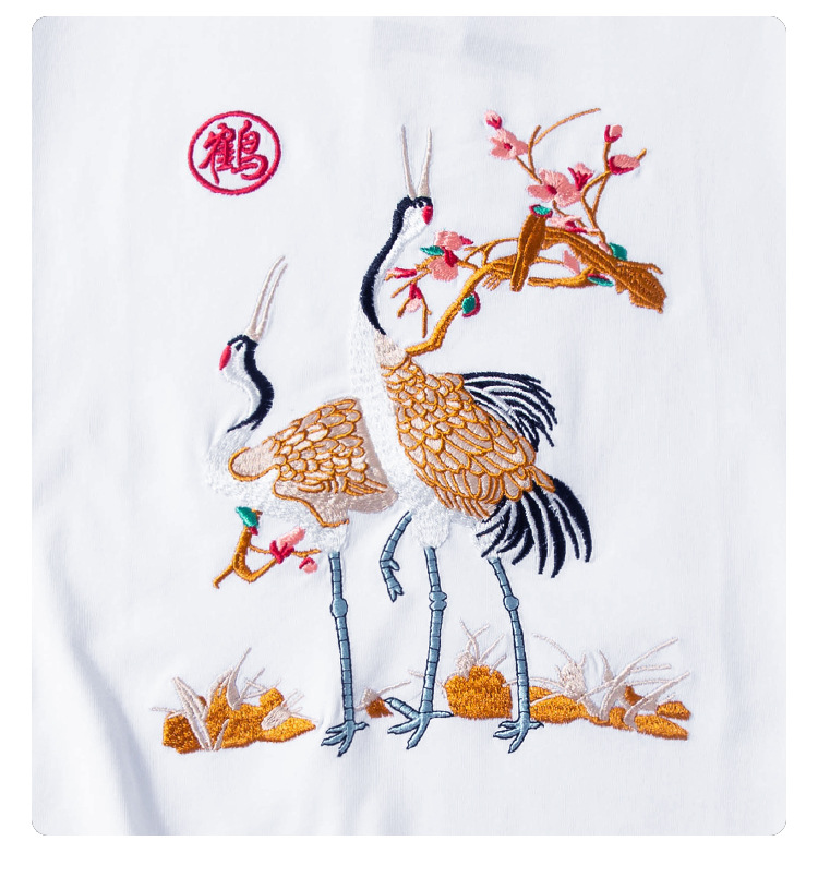 春季新款休闲男装仙鹤刺绣圆领大码短袖国潮男式半袖衫批发 pic 4