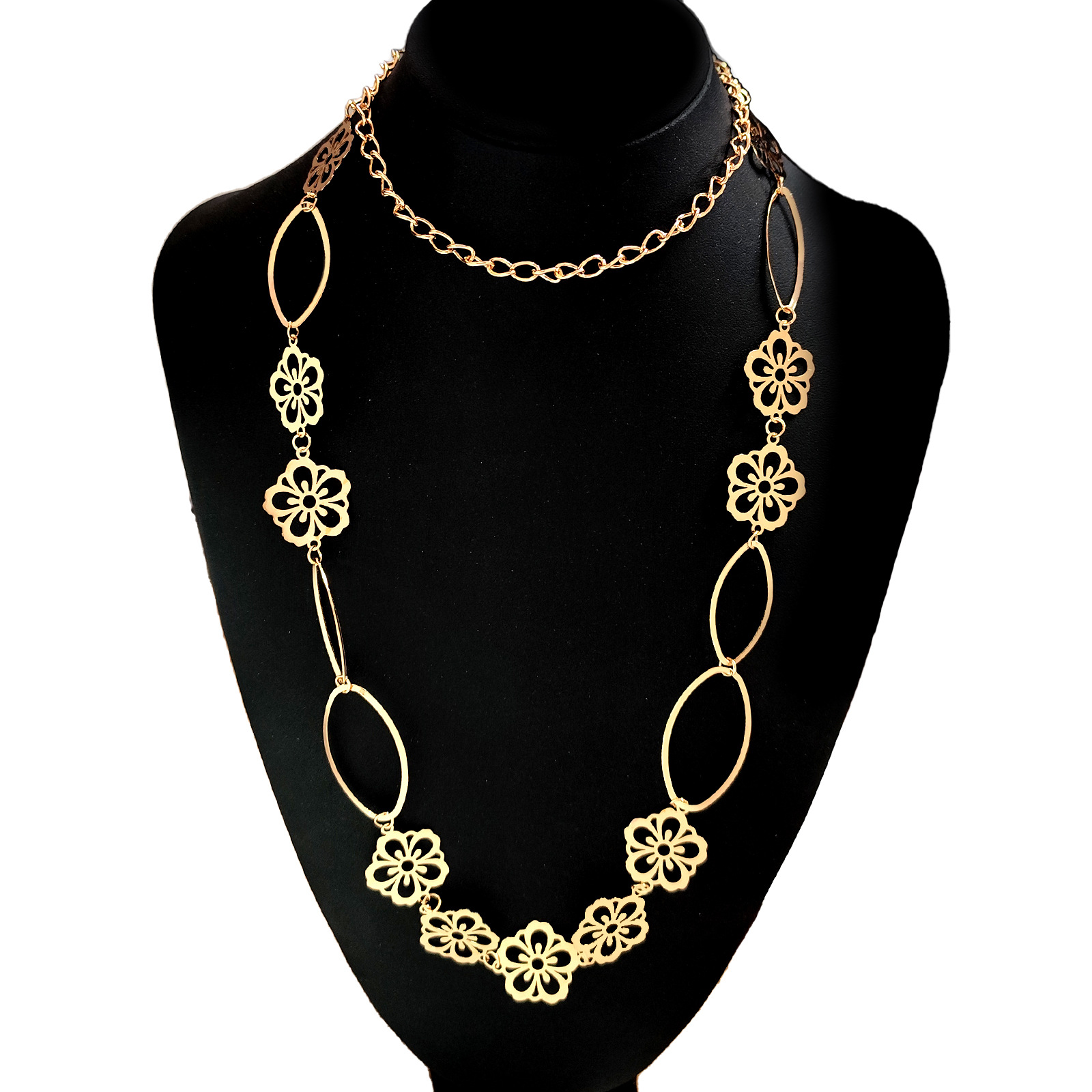 European and American cross-border fashion oval-shaped flower sweater necklace, high-end circular owl necklace, design sense waist chain pic 6