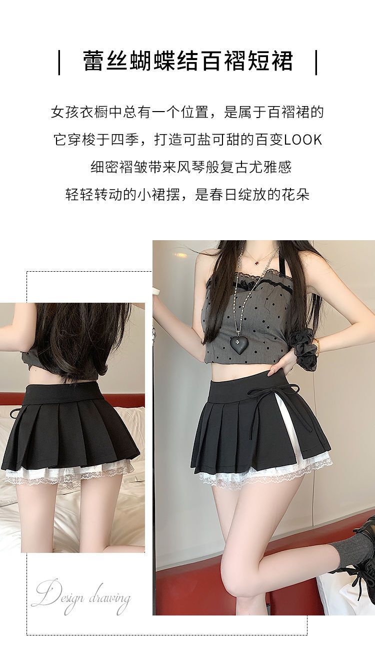 甜美纯欲风百褶半身裙女春夏新款蕾丝拼接蝴蝶结高腰防走光超短裙详情12