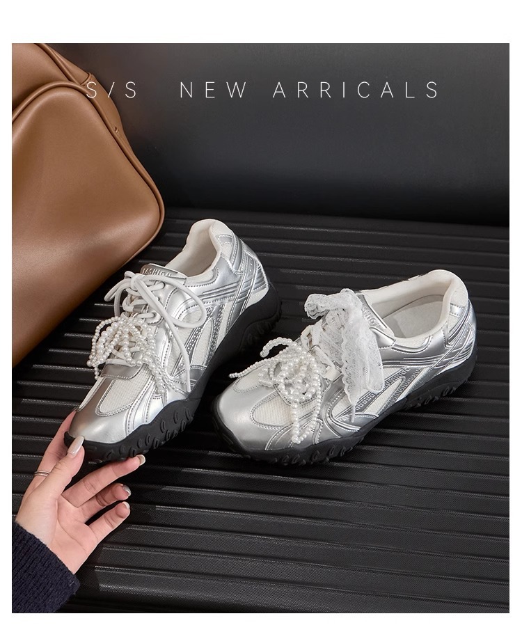 6CM内增高德训鞋女蕾丝珍珠夏新款银色厚底网面休闲运动鞋阿甘鞋详情11