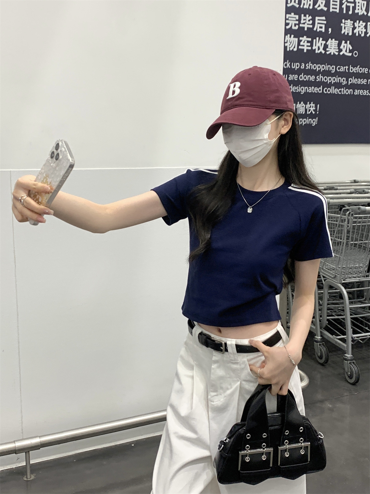 美式2024夏季新款韩版圆领修身插肩杠条显瘦百搭短袖T恤女装上衣详情4