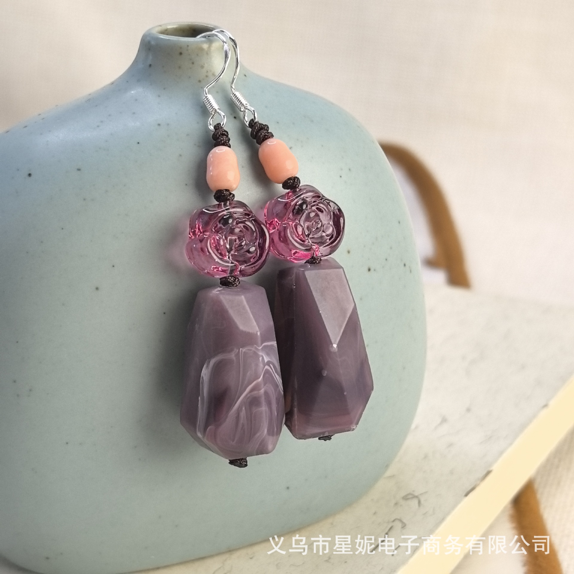 新中式玫瑰花红色紫色清新绿古装汉服轻奢长款不规则耳饰进口详情17
