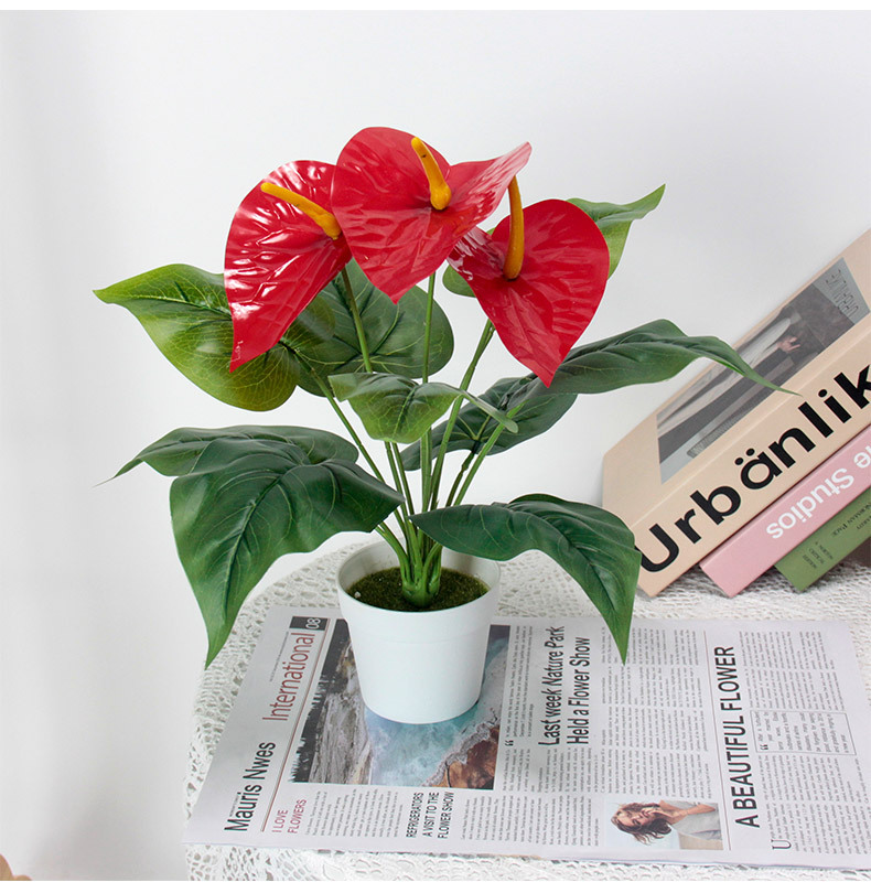 Finished handcrafted red artificial flower anthurium decoration, wedding spring plants, kalanchoe potted artificial green plants, office culture pic 8