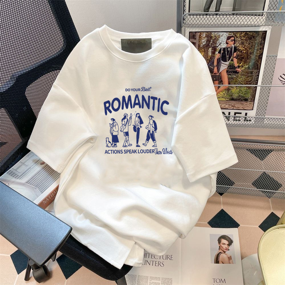 韩版ins港风印花圆领上衣短袖T恤男女同款潮流百搭休闲白t情侣装t详情13