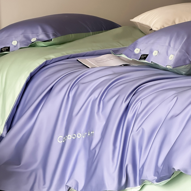 Simple, light luxury and fashionable solid-color long-staple cotton four-piece set, pure cotton letter-embroidered duvet cover, double bedding pic 97