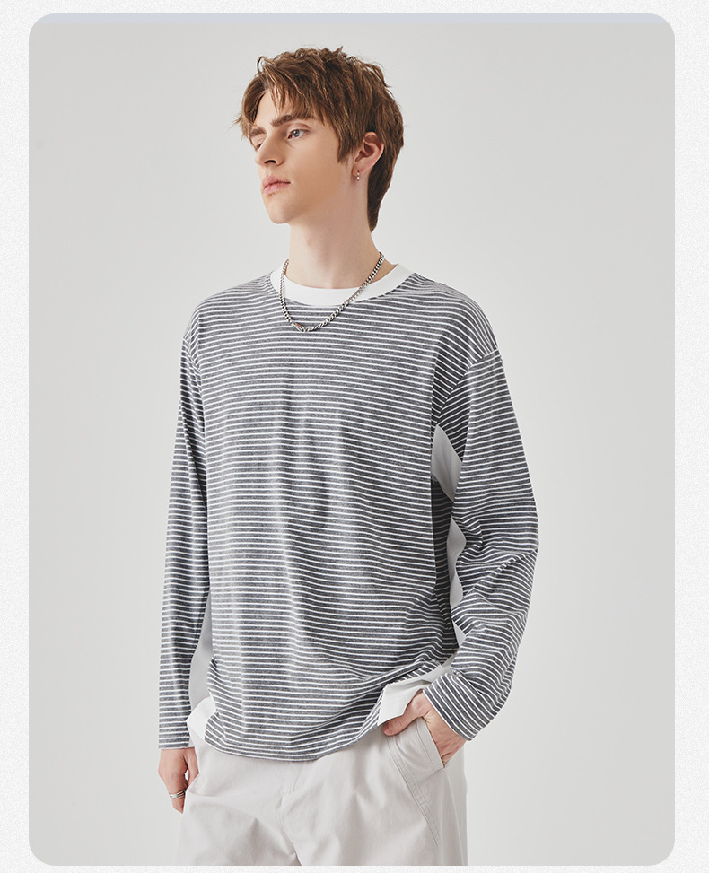 APO男装|撞色条纹长袖T恤男士春秋季潮牌宽松圆领内搭上衣打底衫详情11