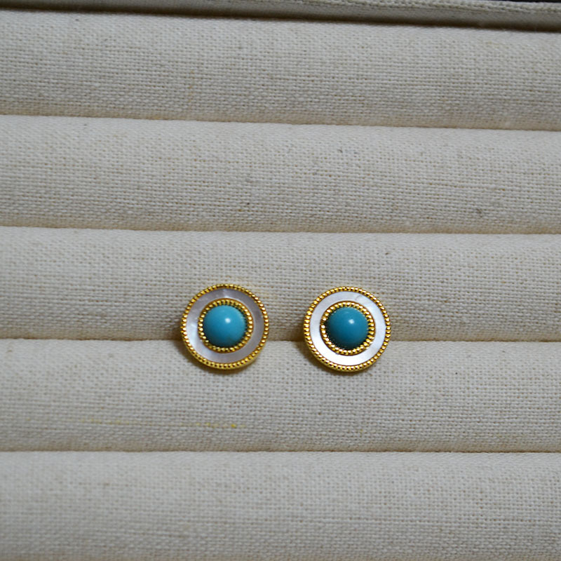 法式复古白色贝母镶嵌绿松石金珠花边气质简约925银针圆耳钉耳饰详情5