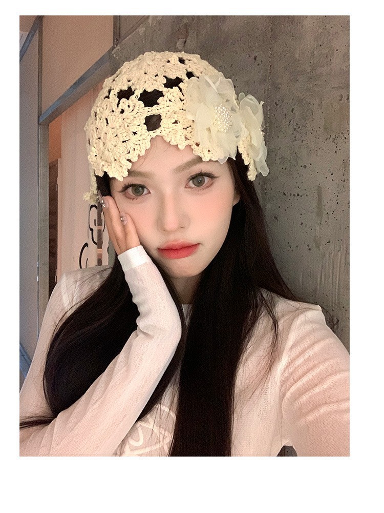 Summer thin Korean-style hollowed-out pearl flower hand-knitted headpiece hat for women, sweet, cute, fashionable and niche hat pic 14