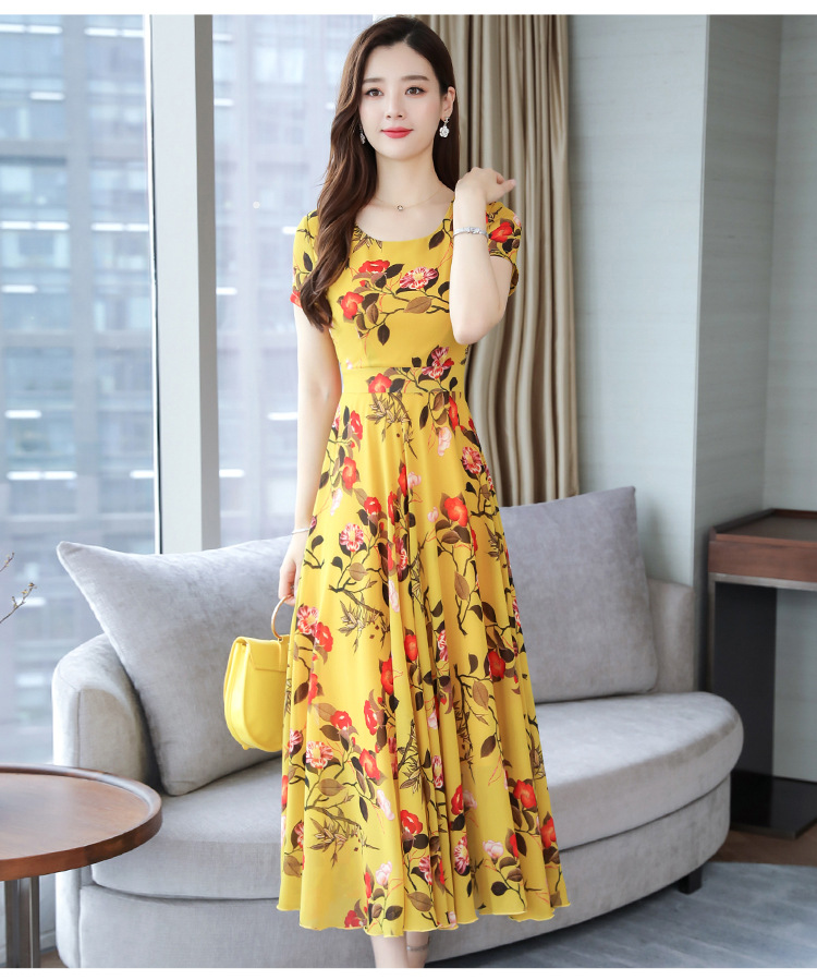 碎花大摆过膝显瘦超仙流行长裙2024新款圆领短袖显瘦女长连衣裙详情16