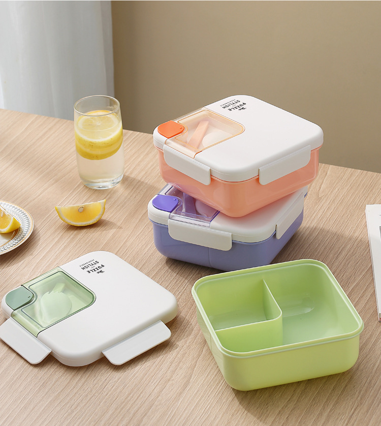 Student and office worker lunch box, plastic compartments, square, portable lunch box with tableware, microwave bento box pic 16