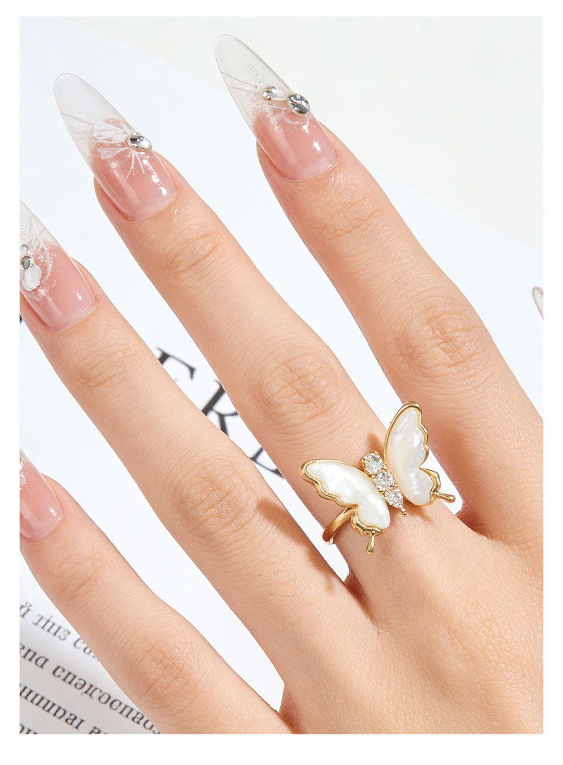 A dynamic and high-end natural mother-of-pearl butterfly opening ring, made of copper alloy and set with zirconium, exquisitely adjustable index finger ring pic 7